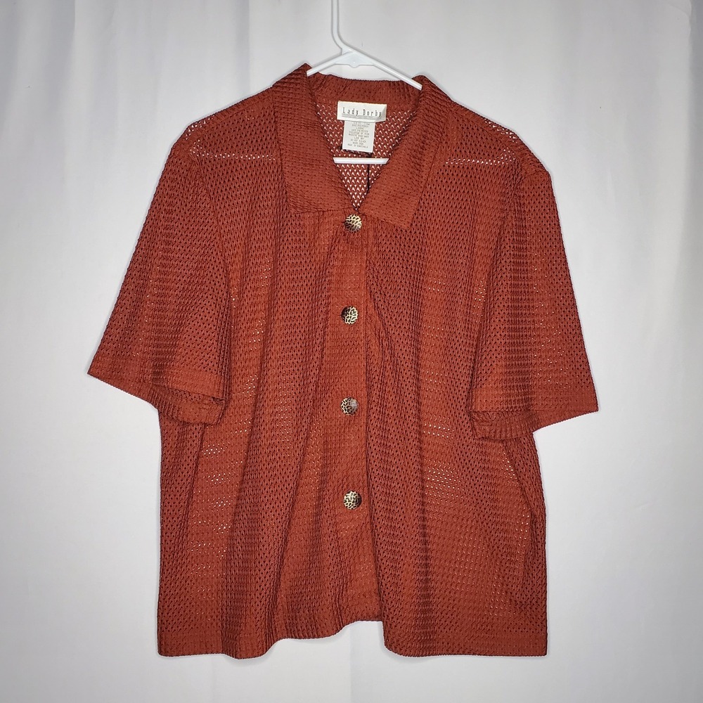Lady Dorby Button Shirt Women 24W Sheer Mesh Rust Short Sleeve Punk Grunge 80s